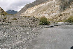 KKH near the Chinese border, crumbling under the onslaught of glacier water and rock slides