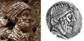 Fig. 3 - The horseman head compared with a coin portrait of Mithradates I